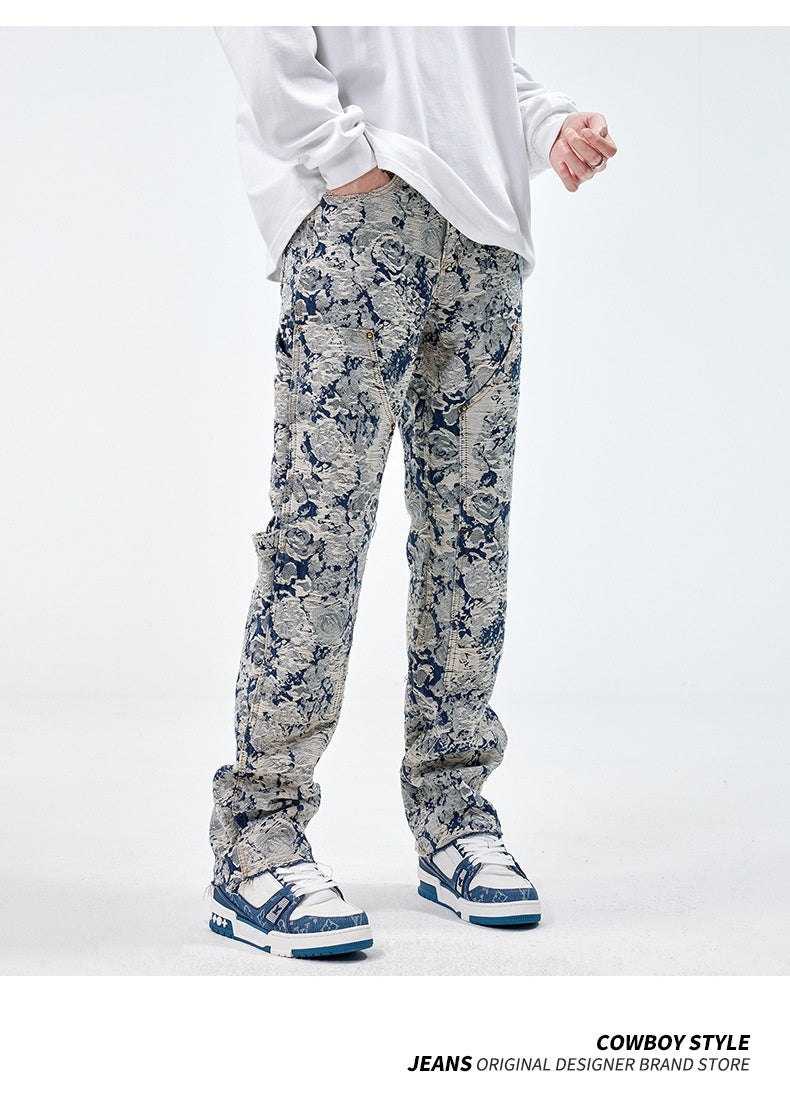 All-matching Loose Fashion Denim Jacquard Pants For Boys
