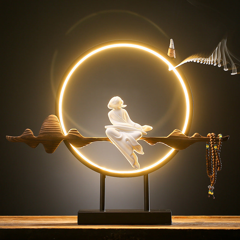 New Chinese Zen lighting LED lamp circle weathered wood white porcelain decoration creative home porch tea room table decoration