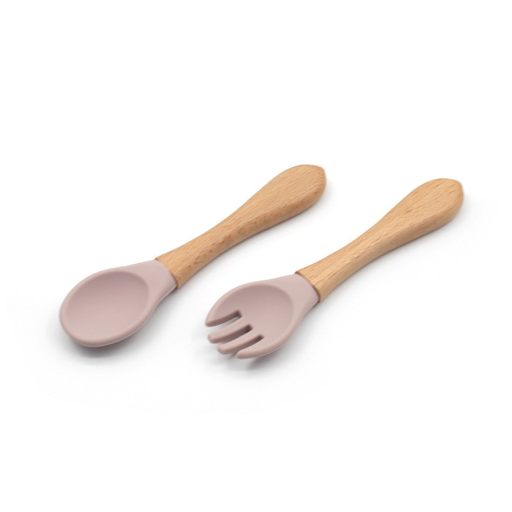 Grade Wooden Handle Silicone Spoon Fork Tableware Training Complementary Food Baby Feeding