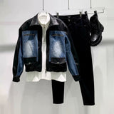 Высококачественное пальто из искусственной кожи с прошивкой, джинсовое пальто с перекрестными швами