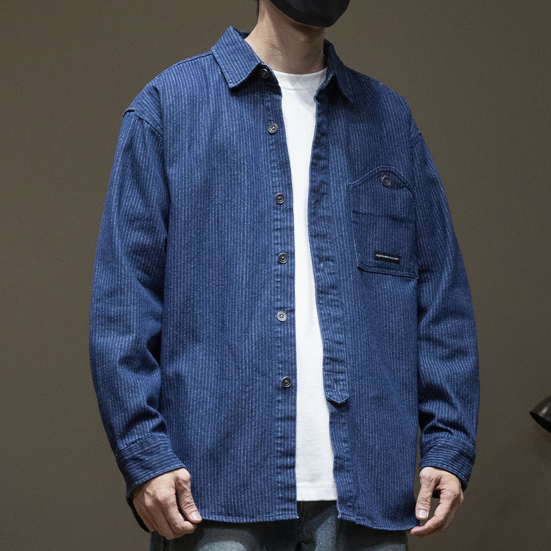 Japanese Style Stripe Denim Men's Long Sleeve Shirt
