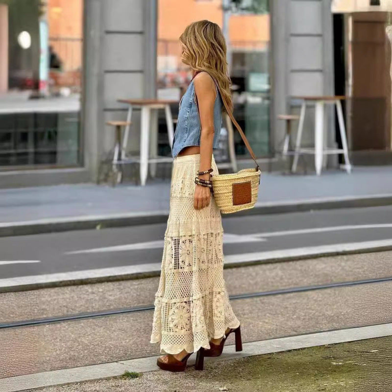 A- Line Crochet Lace Patchwork Knitting Skirt For Women
