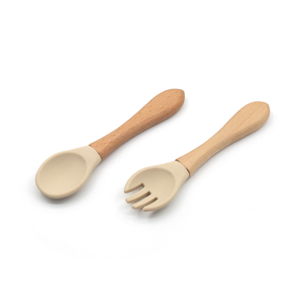 Grade Wooden Handle Silicone Spoon Fork Tableware Training Complementary Food Baby Feeding