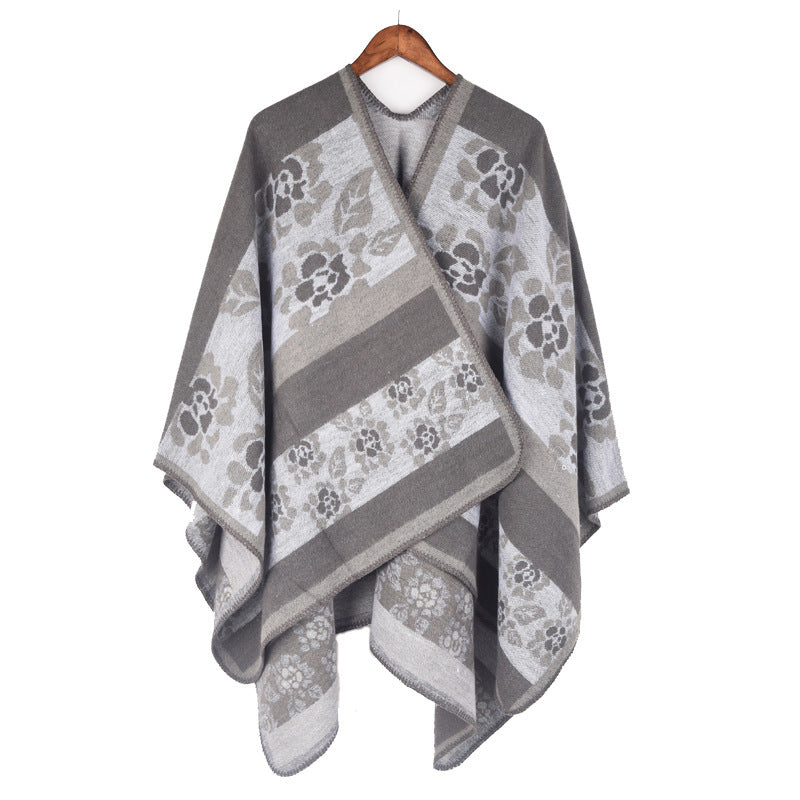Autumn And Winter Women's Jacquard Split Shawl Flower Cloak