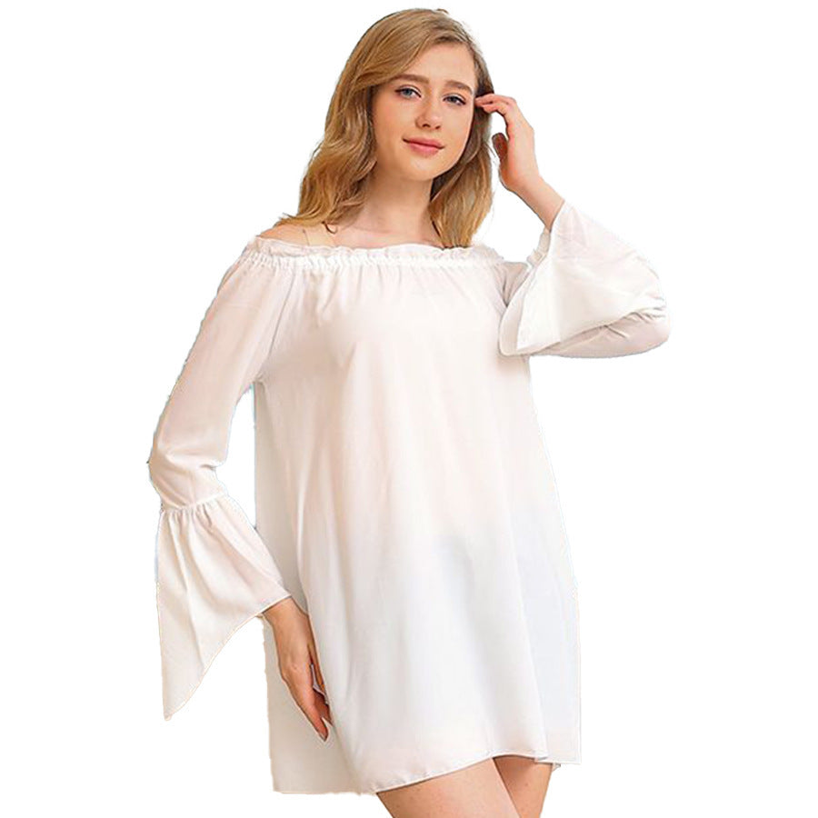 Casual Solid Color Chiffon Elastic Lace Bell Sleeve Dress
