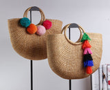 Pure-color handmade Mori Nv Korean version cotton and hemp beach knitting lady straw wrapping rattan wrapping bamboo wrapping shoulder straw wrapping