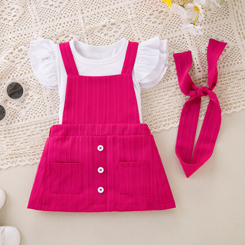 Girls' Short-sleeved Top Suspender Pants Hair Accessories