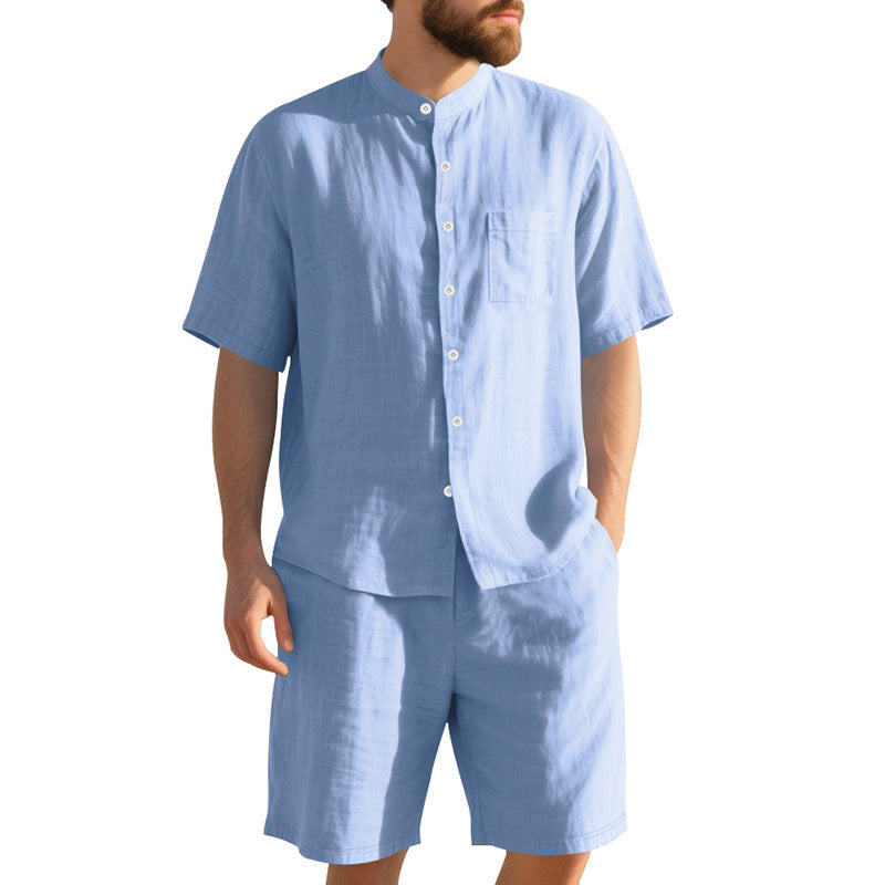 American Linen Suit Men Summer Two Piece Suit With Henry Collar Beach