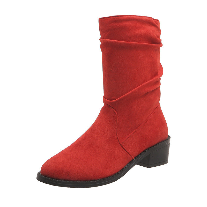 Large Size Thick Heel Pointed Toe Mid-calf Smoke Pipe Boots For Women