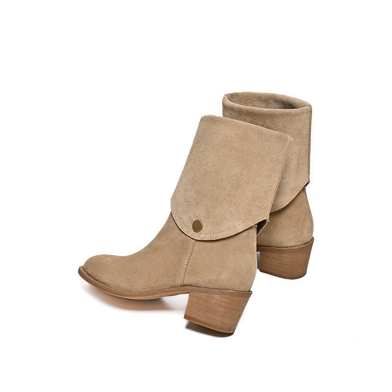 Matte Cowhide Western Denim Pointed-toe Short Tube Boots Fashion Boots Pile Style Boots All-matching