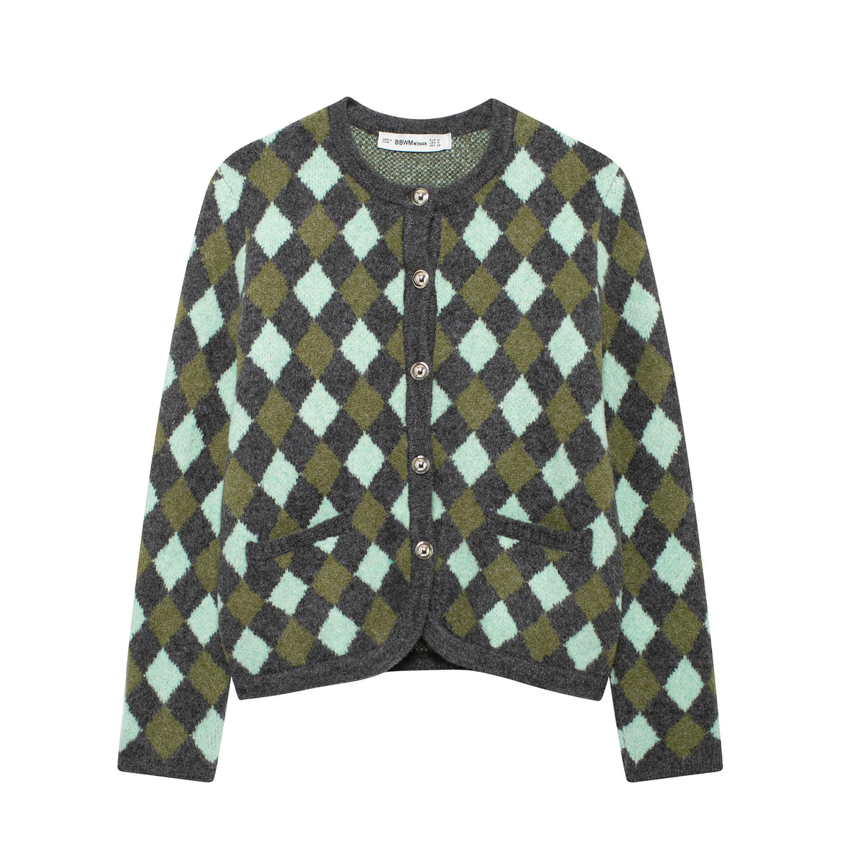 Diamond Pattern Jacquard Round Neck Knitted Cardigan Jacket