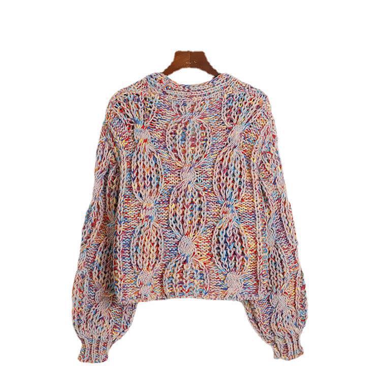 Knitting Needle Hand Crochet Colorized Sweater Women's V-neck