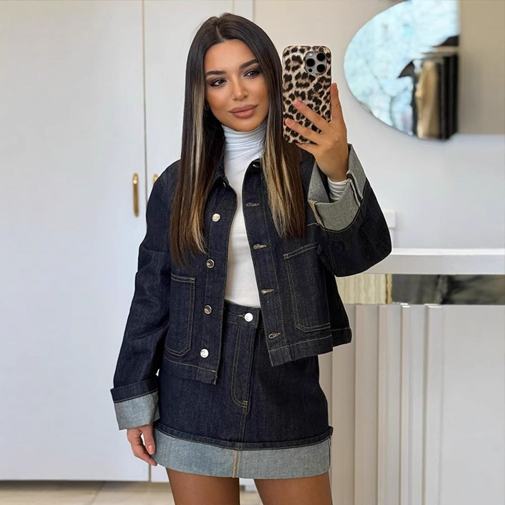 Vintage Denim Jacket Women's All-matching Short Polo Collar Jacket Top Skirt Suit