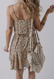 Khaki Boho Floral Printed Tie Waist Flared Sundress