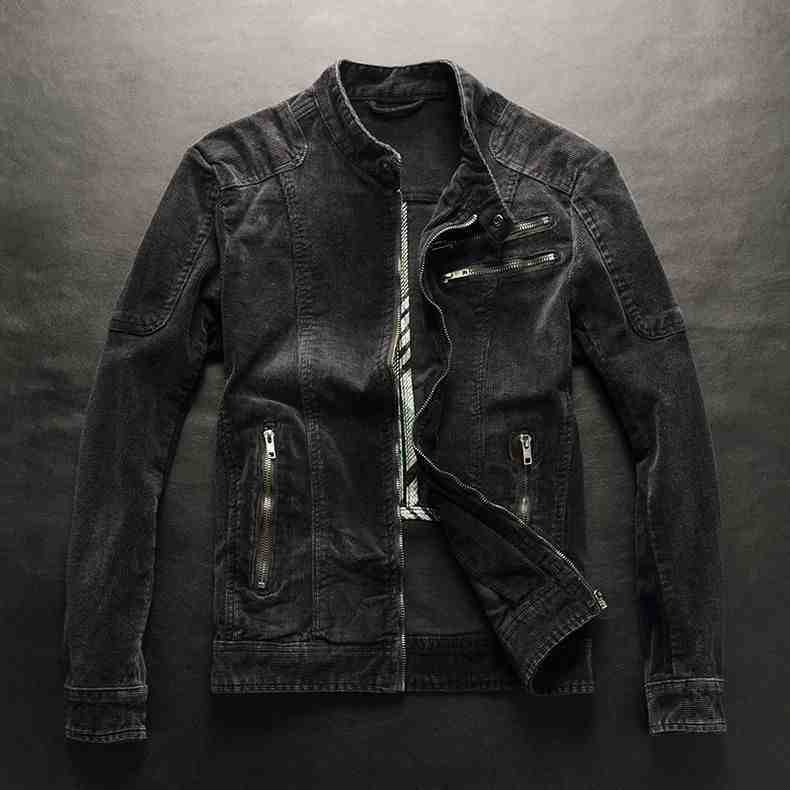 Мужская джинсовая куртка в европейском и американском стиле, винтажная, облегающая, с воротником-стойкой, на молнии