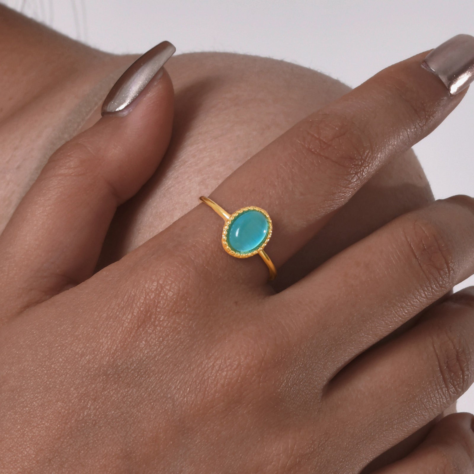 Fashion Jewelry Stainless Steel Oval Opal Turquoise Open Gold Ring