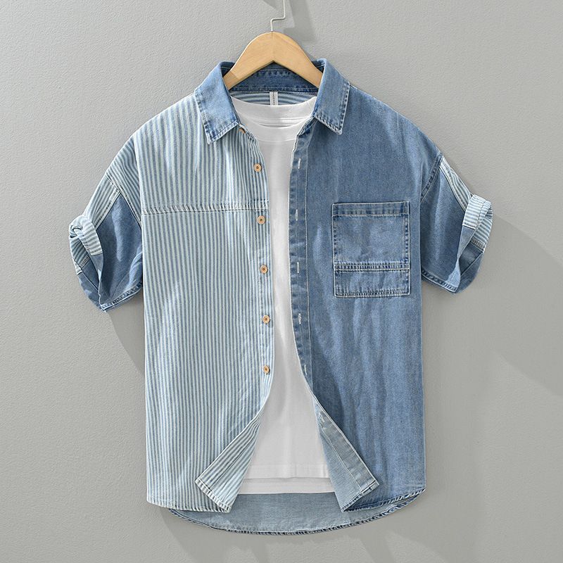 Рубашка джинсовая с короткими рукавами в полоску Design Sense Color Contrast Patchwork