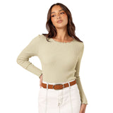 Round Neck Long Sleeve Slim Fit Shoulder Rib Women's Top