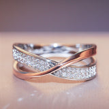 Cross-border Hot Selling Copper Plated White K Inlaid Zircon Simple Personality X-shaped Two-tone Ring
