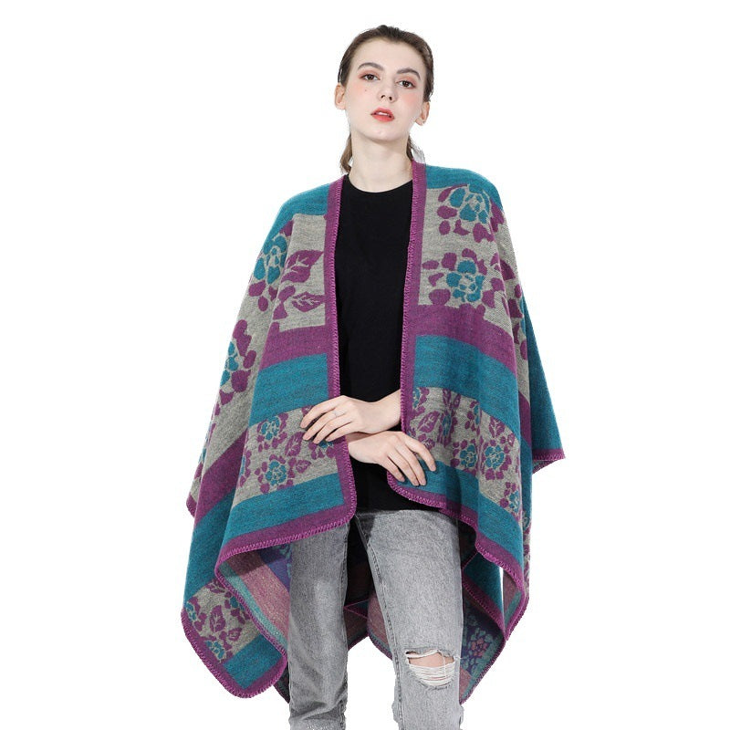 Autumn And Winter Women's Jacquard Split Shawl Flower Cloak