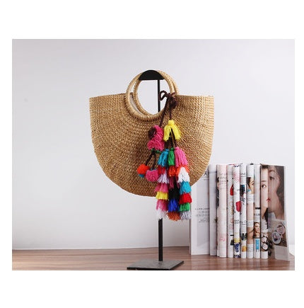 Pure-color handmade Mori Nv Korean version cotton and hemp beach knitting lady straw wrapping rattan wrapping bamboo wrapping shoulder straw wrapping