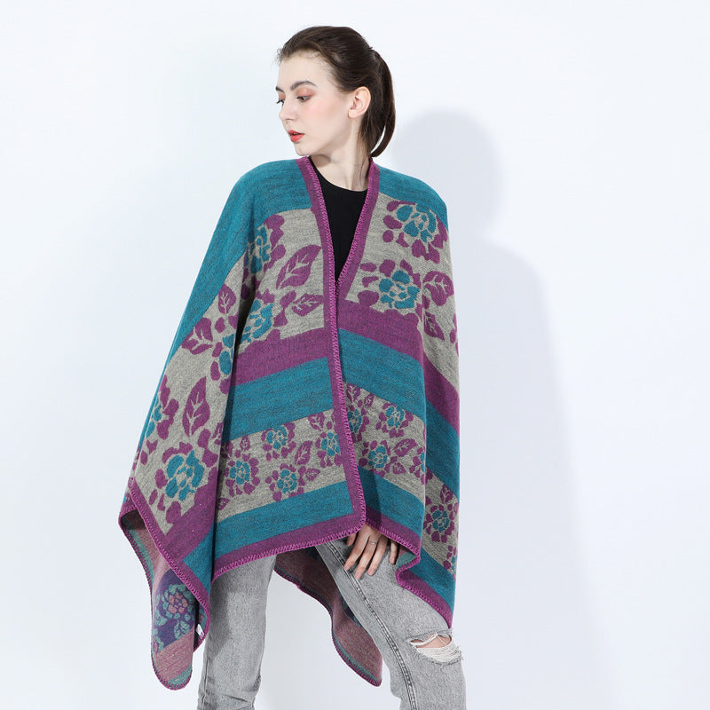 Autumn And Winter Women's Jacquard Split Shawl Flower Cloak