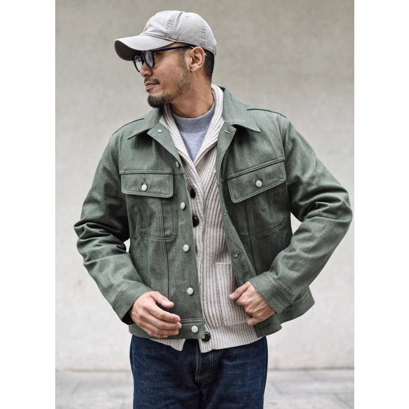 Vulcanized Green Mashed Denim Retro Workwear Pure Cotton Coat For Men