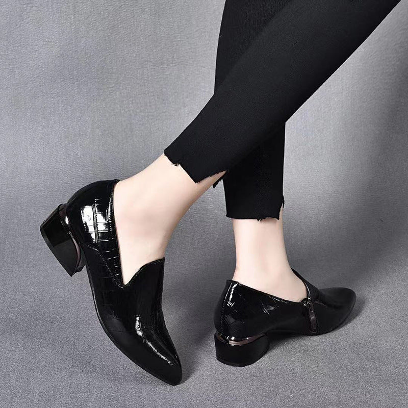 New Genuine Leather Pointed-toe Chunky Heel Shoes Women