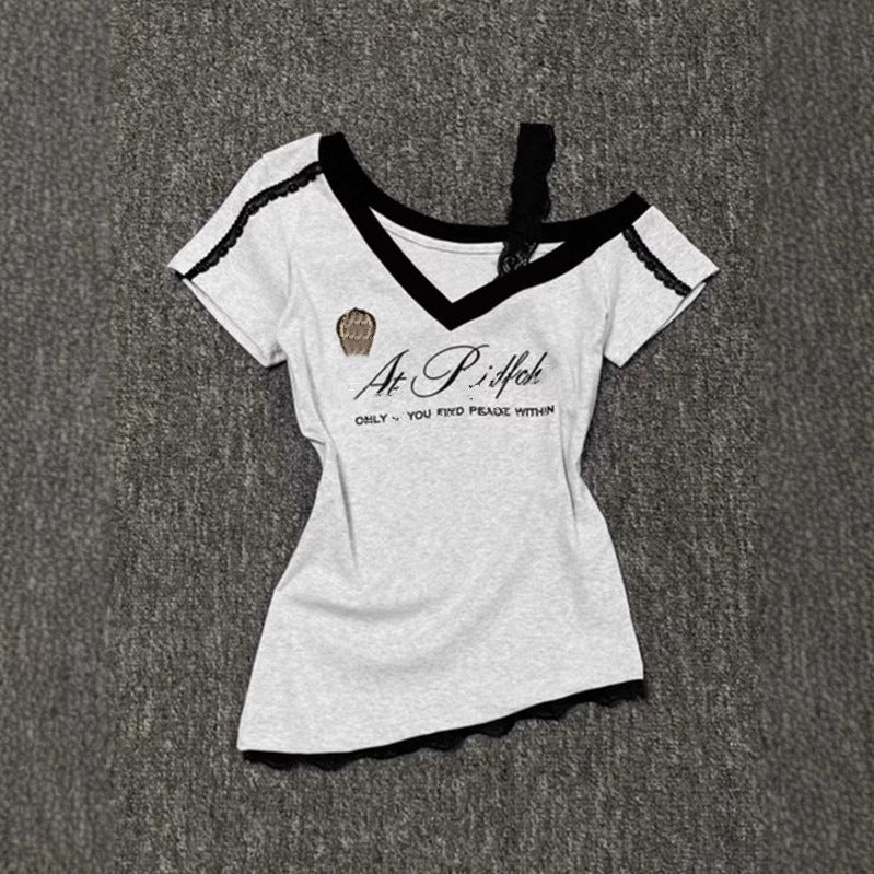 American Hot Girl V-neck Short-sleeved T-shirt Female Summer Advanced