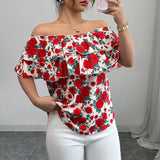 Off-shoulder Short-sleeved Shirt Double-layer Ruffled Women's Clothing