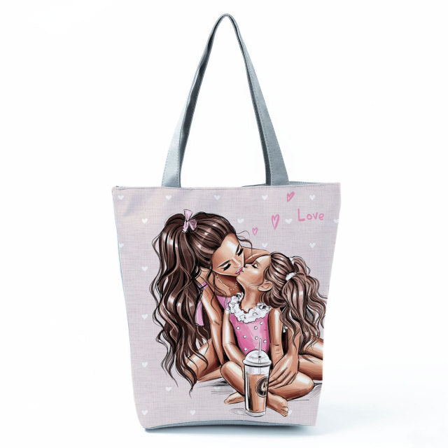 Cute Cartoon Super Mama Print Tote Bag Travel Shoulder