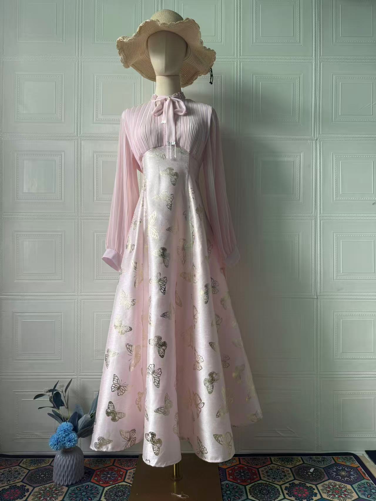 Elegant Long Sleeve Butterfly Bronzing Dress