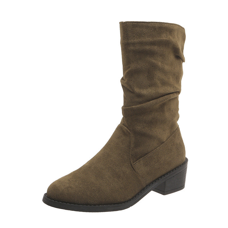 Large Size Thick Heel Pointed Toe Mid-calf Smoke Pipe Boots For Women