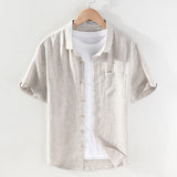 Linen Short Sleeve Casual Youth Square Collar Linen Shirt