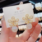 Silver Needle Pearl Flower Earrings Love Sweet Fashion