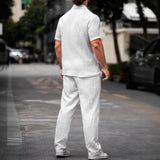 Polo Collar Solid Color Short Sleeve Button Trousers Men's Casual Shirt Outfit