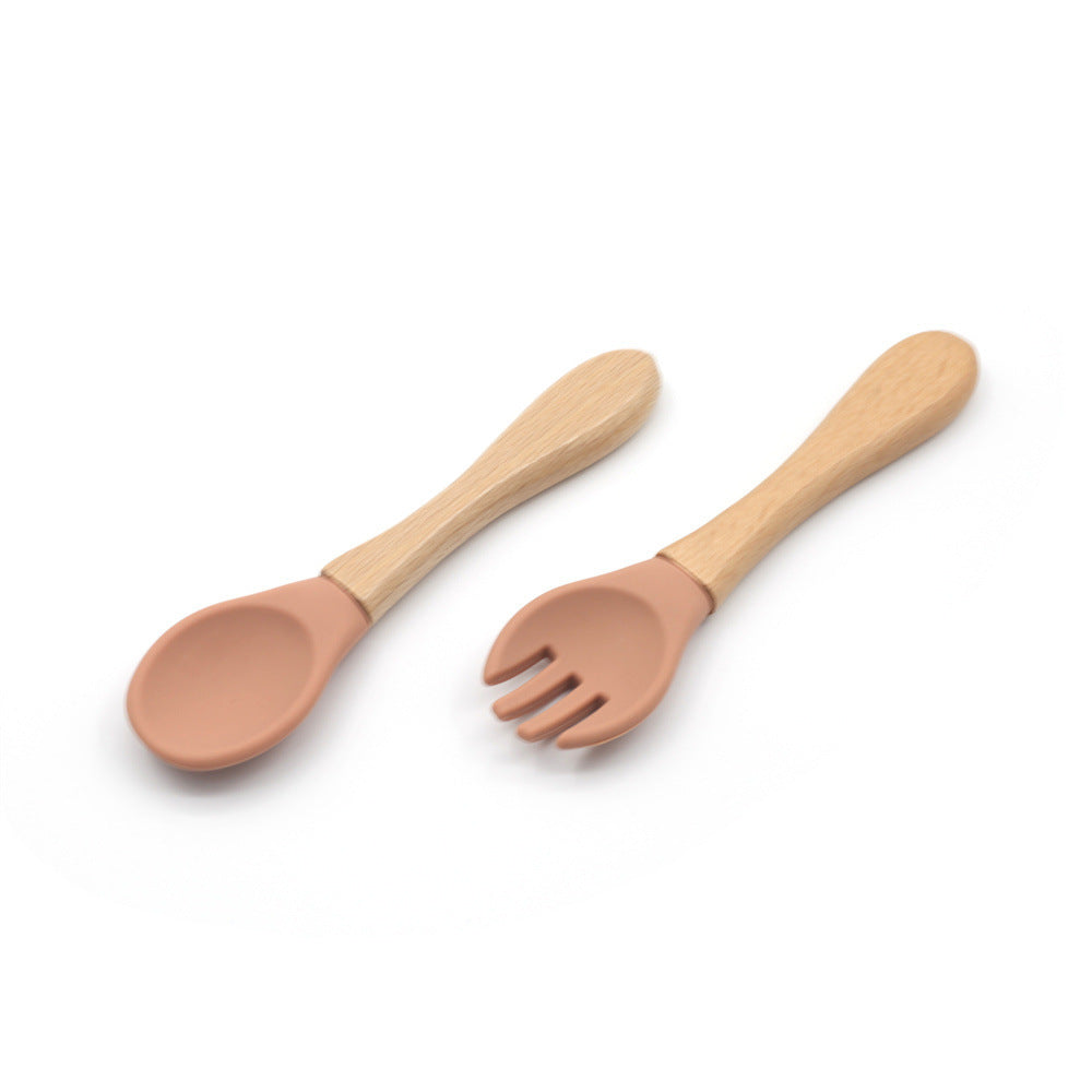 Grade Wooden Handle Silicone Spoon Fork Tableware Training Complementary Food Baby Feeding