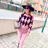 Rhombus Jacquard Round Neck Knit Casual Coat