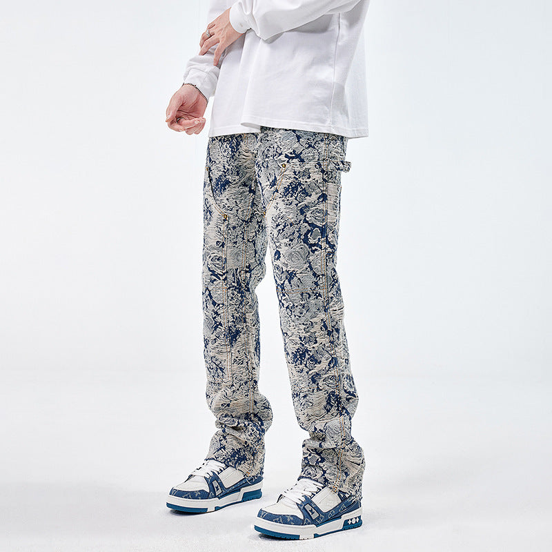 All-matching Loose Fashion Denim Jacquard Pants For Boys