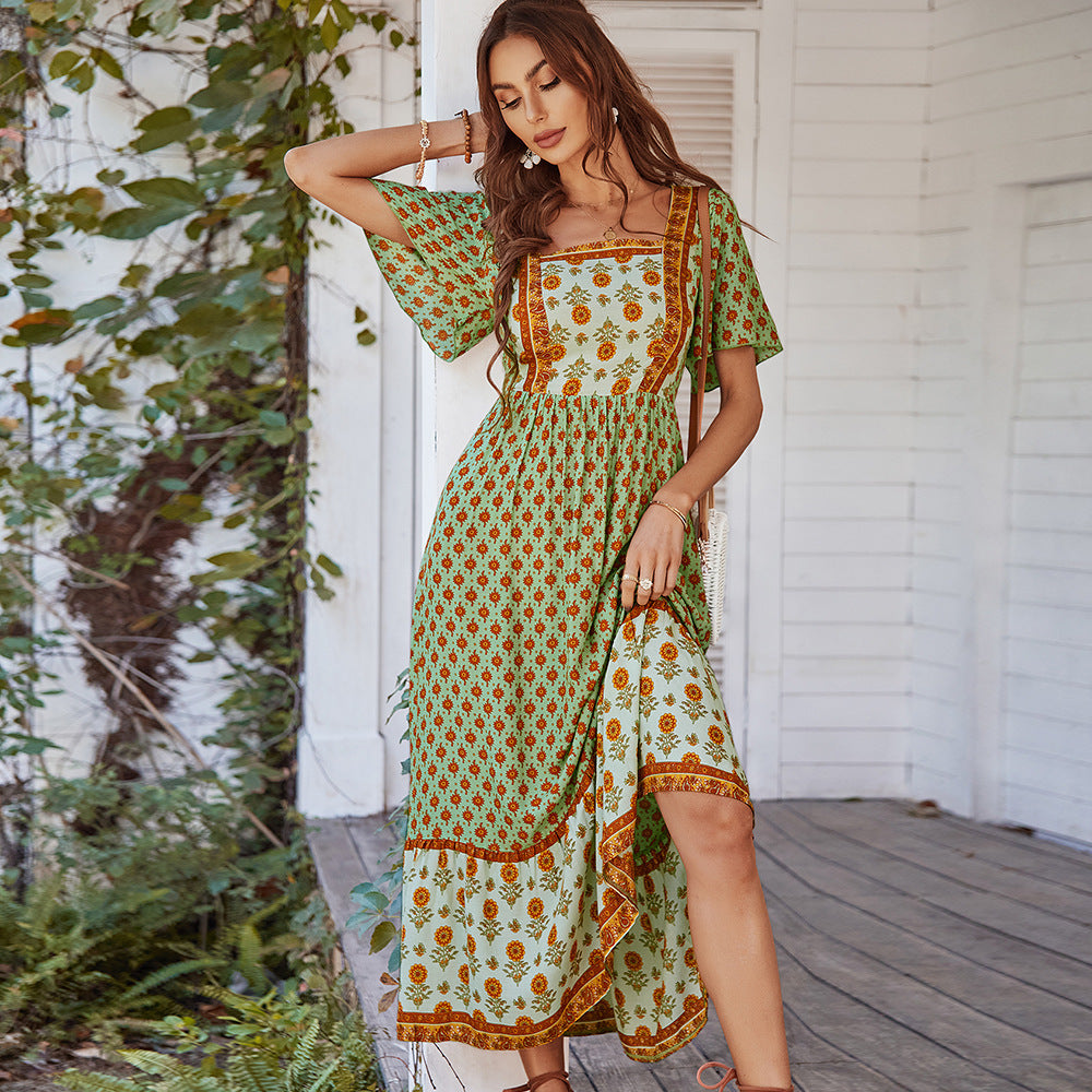 French Print Vacation Style Square Collar Dress