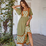 French Print Vacation Style Square Collar Dress