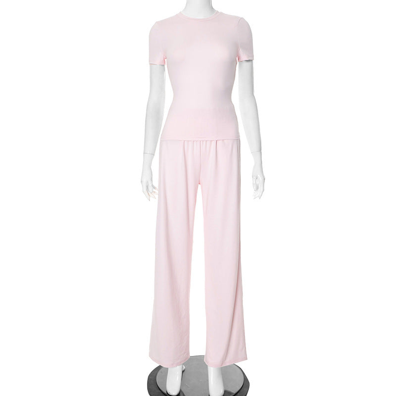 Spring And Summer Round Neck Solid Color Slim Fit Pullover Elastic Waist Wide Leg Trousers Suit