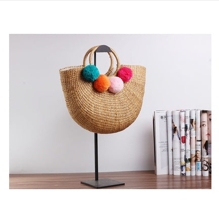 Pure-color handmade Mori Nv Korean version cotton and hemp beach knitting lady straw wrapping rattan wrapping bamboo wrapping shoulder straw wrapping