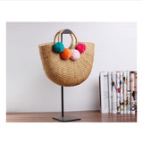 Pure-color handmade Mori Nv Korean version cotton and hemp beach knitting lady straw wrapping rattan wrapping bamboo wrapping shoulder straw wrapping