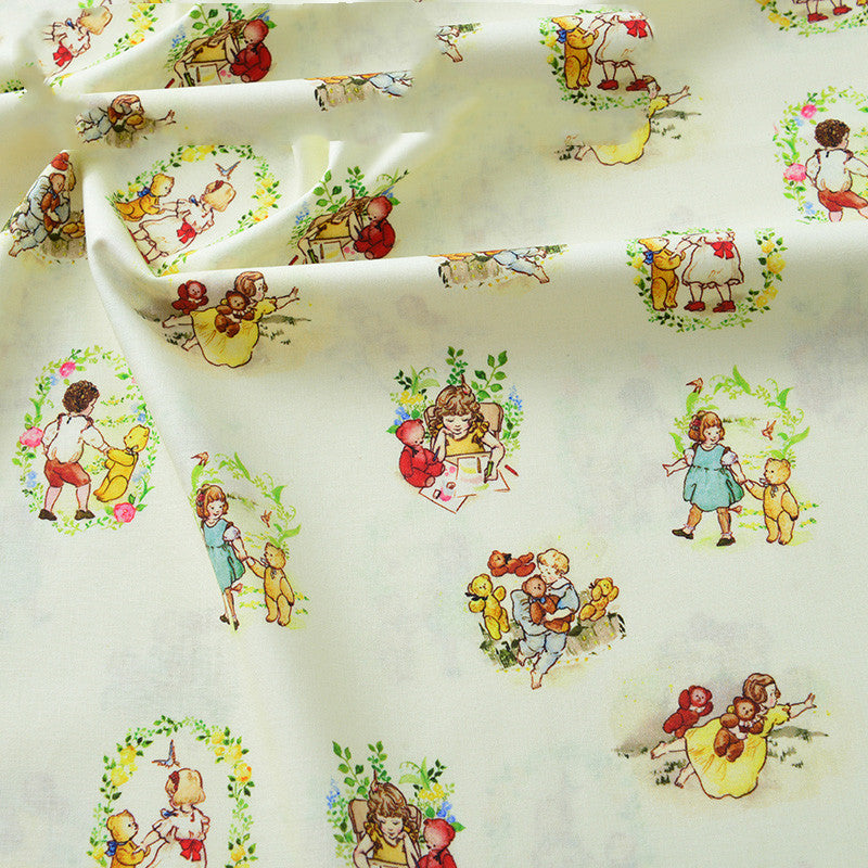 Pure Cotton Cartoon Bear Girl Pastoral Floral Printed And Dyed Fabric