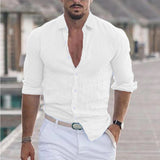 Men's Cotton And Linen Lapel Long Sleeve Solid Color Shirt