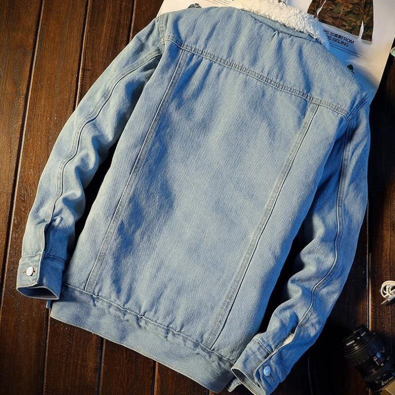 Winter Denim Coat with Fleece Lining for Men Thickened