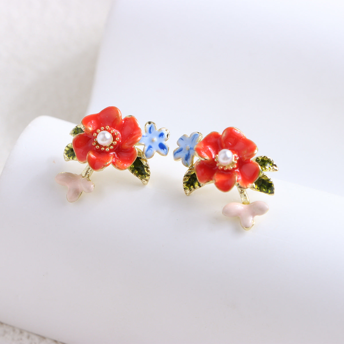 925 Silver Needle Drop Oil Pearl Flower Earrings