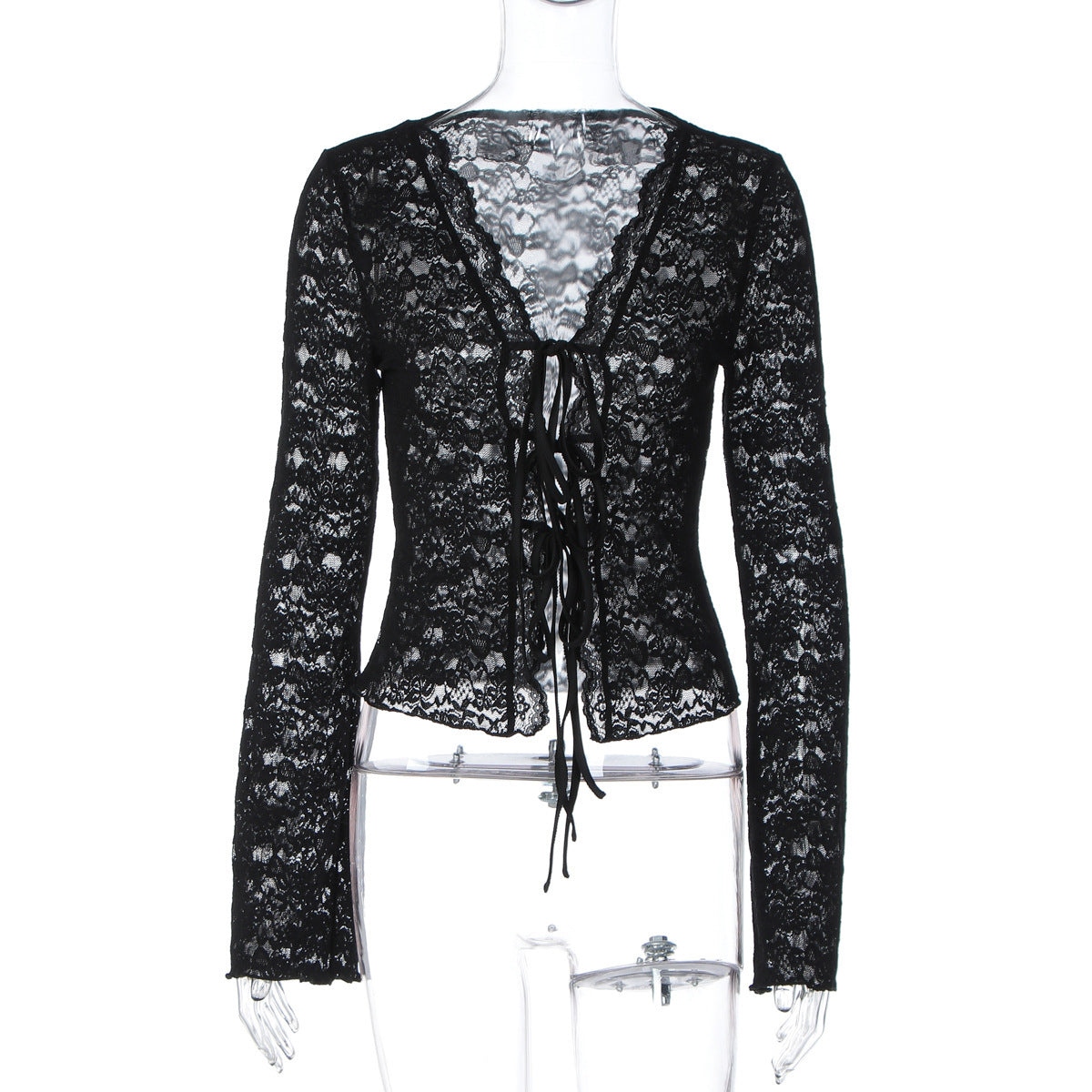 Fashion Sexy See-through Hollow Cardigan Lace-up Long Sleeve T-shirt