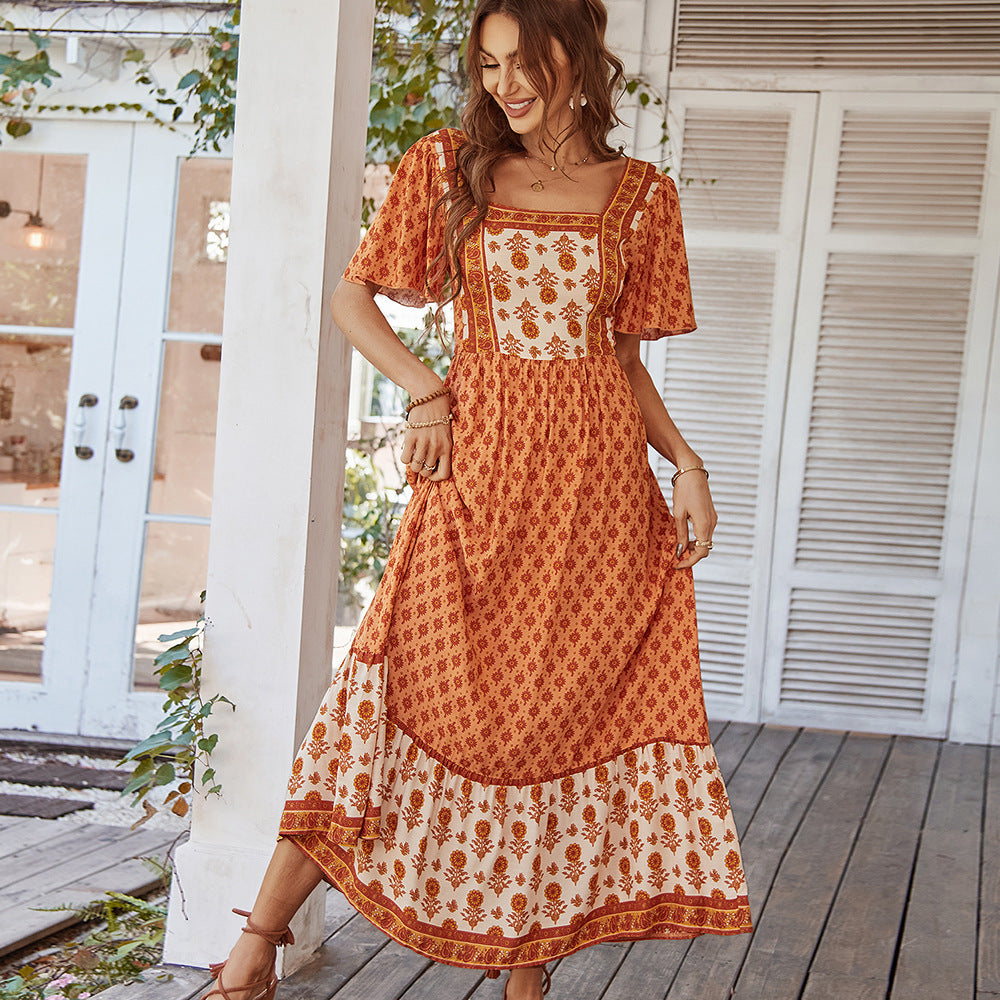 French Print Vacation Style Square Collar Dress